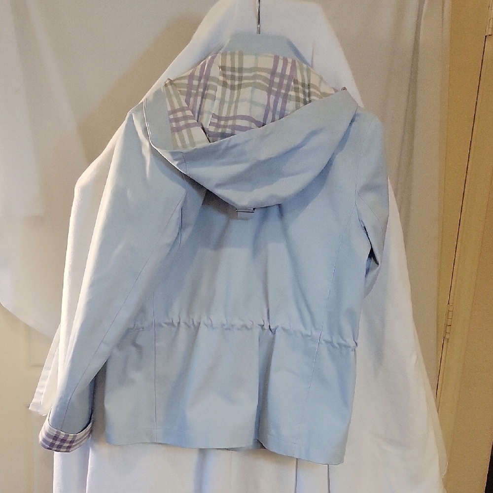 Burberry Light Blue Trench Coat with Plaid Accents - Picture 6 of 10